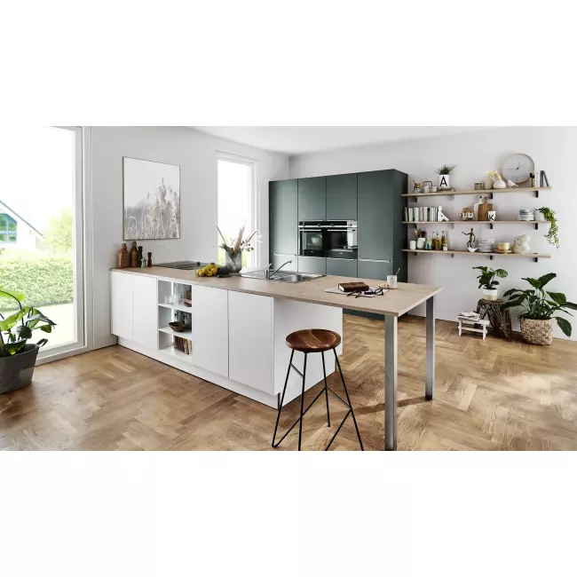 Nolte Einbauküche Soft Lack Brea Küchenblock + Kochinsel Black Green/ weiß 