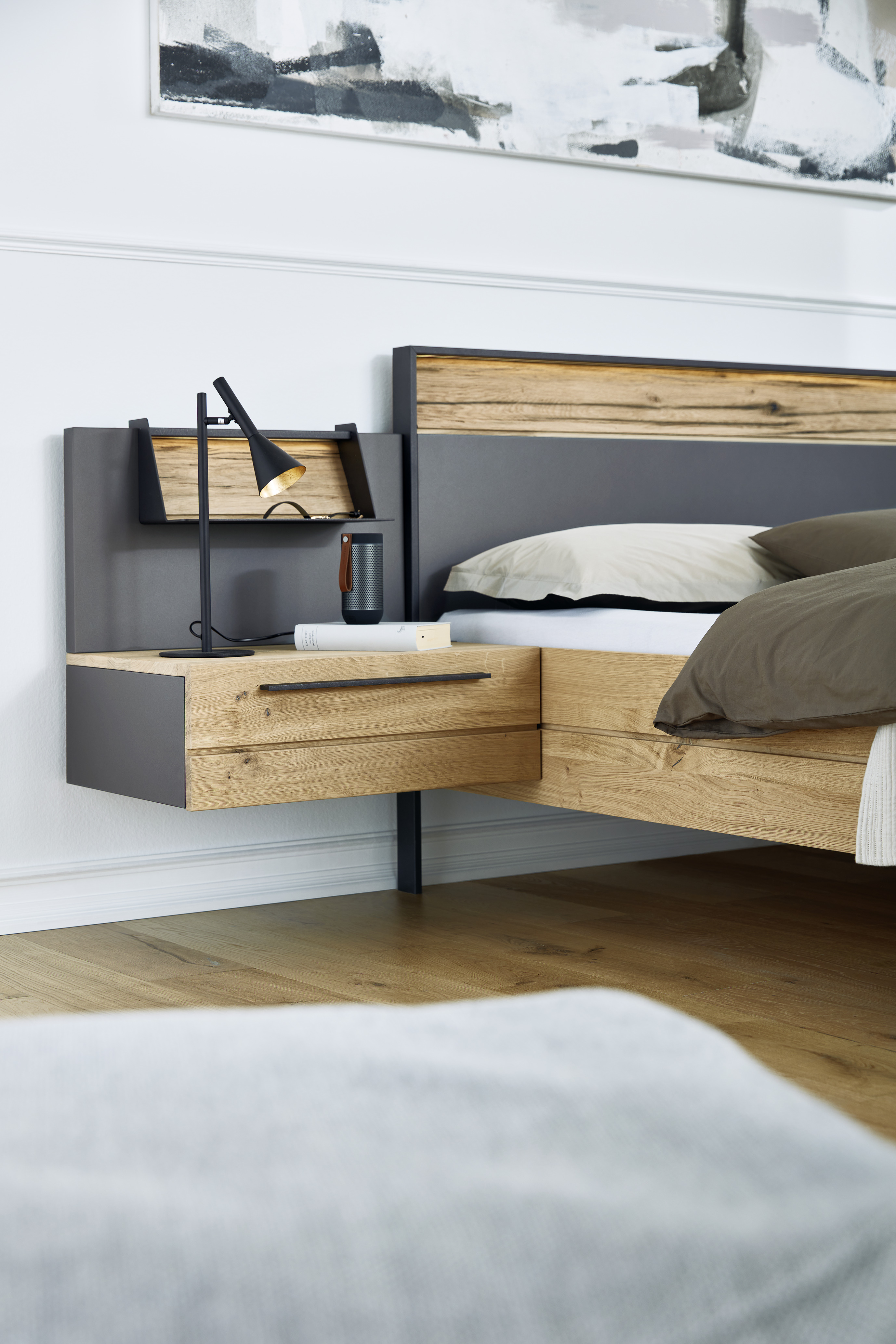 Musterring Joline Schlafzimmer mit Bett und Schrank in Eiche / Lack Graphit 